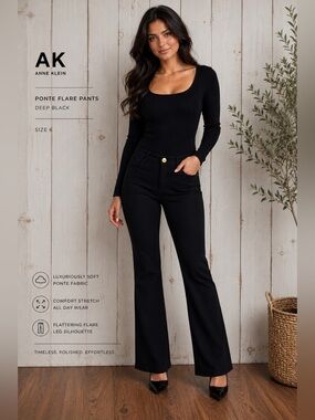 Anne Klein Black Ponte Knit Flare Pants Size 6 Stretch Pull On